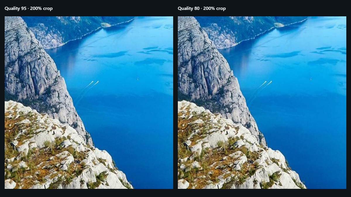 100% zoom crop comparing JPEG quality 95 vs quality 80 on the same photo region