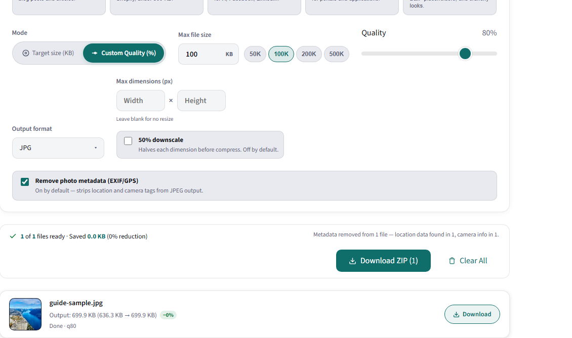 SnapShrink quality slider set to 80 with live output size shown